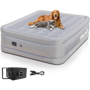 Air Mattress Queen with Built in Wireless Battery Pump, Blow Up Inflatable Mattress for Camping,Guest Air Bed, All Fabric, 21'' Grey Queen
