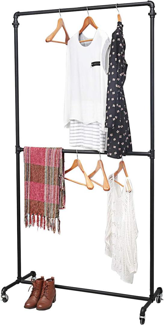 Industrial Pipe Clothing Racks on Wheels Double Hanging Rod Metal Clothing Rack,Heavy Duty Commercial Display Garment Rack,Vintage Retail Rack Hanging Weight Rack, Metal Ballet Rolling Racks,Black