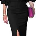CHICME Bodycon Midi Dress for Women Mesh Puff Sleeve Slit Work Cocktail Wedding Dresses with Belt (Black, M)