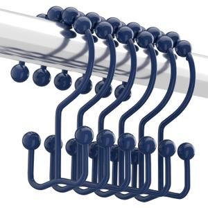 Titanker Shower Curtain Hooks Rings, Rust-Resistant Metal Double Glide Shower Hooks for Bathroom Shower Rods Curtains, Set of 12 Hooks - Navy Blue