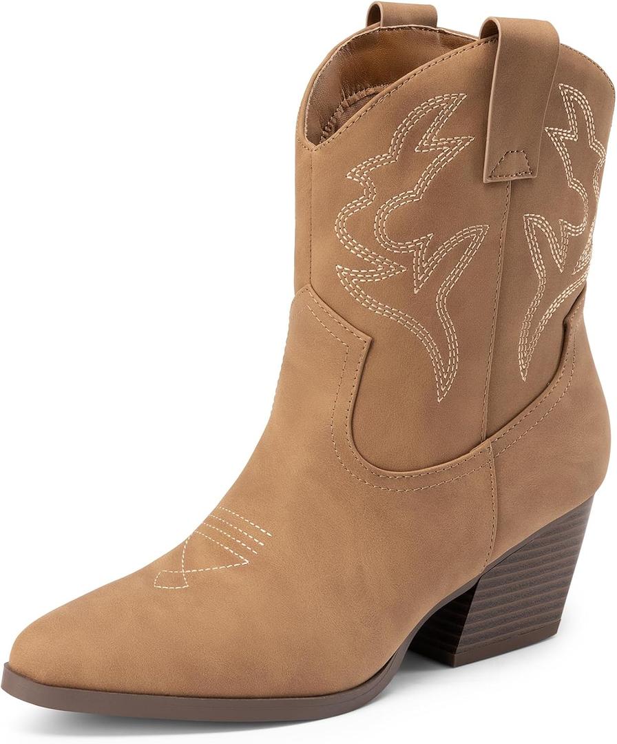 DREAM PAIRS Women's Cowboy Cowgirl Boots Embroidered Stitched Short Western Boots Low Chunky Heel Pointed Toe Ankle Booties (6, Tan)
