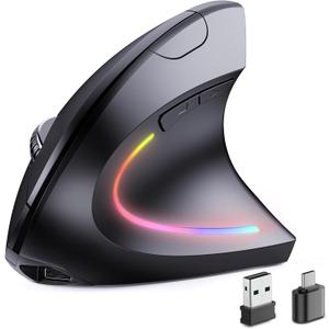 Bluetooth+USB A+USB C (3 In 1)Rechargeable Ergonomic Mouse, Wireless Vertical Design, 5 Adjustable Levels Up to 4800 DPI, 2.4G Carpal Tunnel Silent Mice for PC, Laptop, MacBook, Chromebook-Black