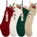 Personalized Christmas Stockings with Wooden Name Tags, 4 Pack 18 Inches Large Size Knitted Xmas Hanging Stocking for Fireplace, Family Holiday Party Decorations (Style2)