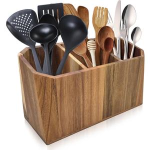 Large Kitchen Utensil Holder for Countertop  Acacia Wood Utensil Organizer with 3 Compartments, Beveled Edges Design, Non-Slip Silicone Pads & Drain Hole  Rustic Farmhouse Utensil Caddy Crock