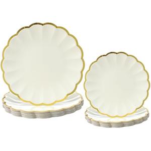 Newtay 60 Pcs Cream Scalloped and Gold Paper Plates 9.5 Inch and 7.5 Inch Shell Gold Edge Disposable Dinner Plates for Birthday Wedding Baby Shower Party Decorations (Cream, 2 Size)