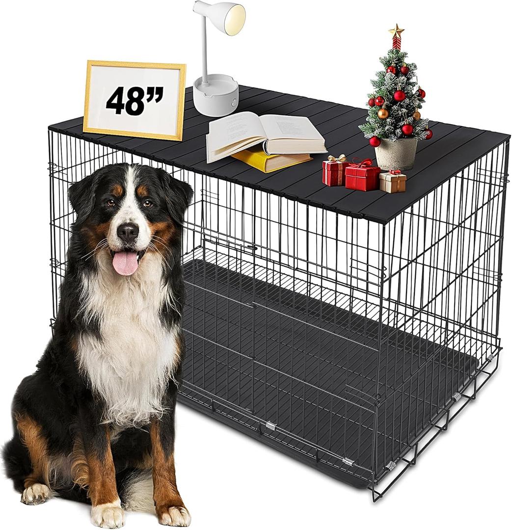 Dog Crate Topper Metal with Magnets for 48 Inch Crate - Aluminum Foldable Dog Kennel Topper Decorative Storage Pet Crate Table Black (Only Topper)