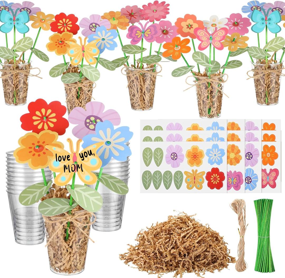 FoldTier 150 Pcs/24 Sets Mother's Day Craft Kit Bulk DIY Flower Bouquet Craft Gift for Mom Make Your Own Bunch of Floral DIY Handmade Teacher Appreciation Week Gift for Home Classroom Activity