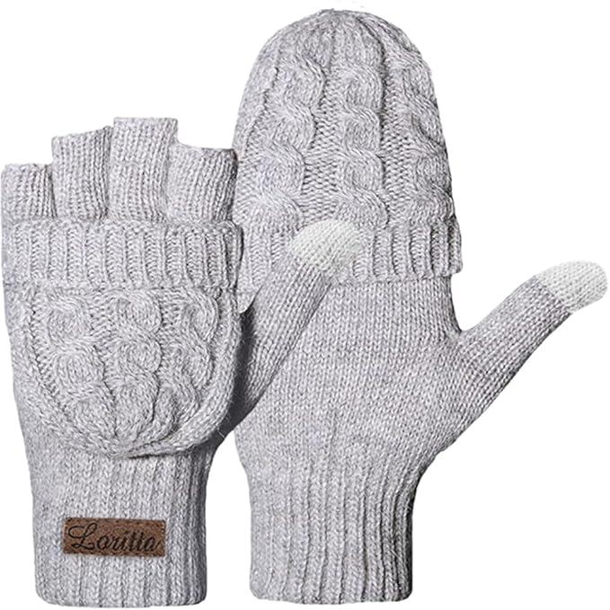 Loritta Winter Gloves Warm Wool Knit Flip Fingerless Gloves Mittens for Women Gifts 2 Pairs