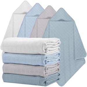 Preboun 4 Pcs Muslin Hooded Baby Towels,32"x 32" Cotton Newborn Bath Towel Muslin Infant Baby Blankets Absorbent Unisex Newborn Registry Gift for Girls Boys(Blue Series)