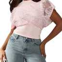 MakeMeChic Women's Elegant Summer Floral Lace Crew Neck Tee Shirt Short Sleeve Crop Top (Pink, M)