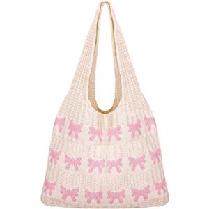 Pink Bow Crochet Tote Bag Coquette Bowknot Aesthetic Beach Mesh Knitted Shoulder Bag for Women Summer Beach Shopping