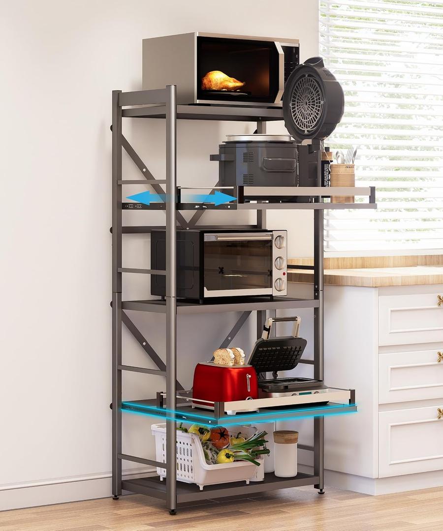 5-Tier Pull Out Bakers Rack for Kitchen, Microwave Stand with Storage, Baker's Rack with Wheel, Adjustable Kitchen Storage Shelf, Rolling Utility Storage Cart, 23.6''W