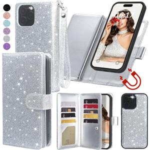 Varikke for iPhone 15 Pro Max Wallet Case Detachable with Card Holder for Women, Fashion Glitter PU Leather Strap Magnetic Flip Wallet Removable Phone Case Cover for iPhone 15 Pro Max 6.7", Silver