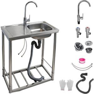 Outdoor Sink with Hose Hook Up, Free Standing Stainless Steel Utility Sink, Single Bowl Portable Sink Hand Wash Station for Camping, Backyard, Garden, Kitchen, Garage