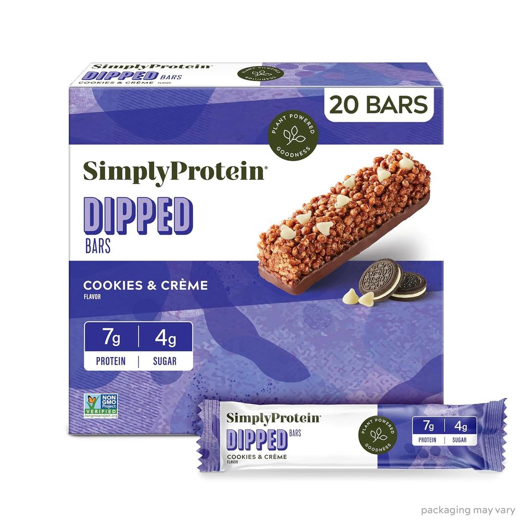 Simply Protein - Cookies and Crme Dipped Bars, 20 Count - Plant Based Protein Snack Bars - Snacks for Kids - 6g Protein, 3g Sugar, 100 Calories - Vegan, Gluten Free, Non GMO, Kosher - 4 Boxes (EXP 12/02/26)