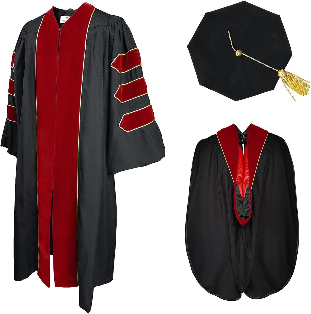 GradPlaza Doctoral Graduation Gown Regalia With University Hood, Gold Piping, and 8-Sided Tam 42