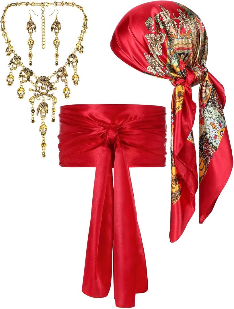 4 Pieces Women Pirate Costume Accessories Pirate Hat Head Scarf Sash Belt Necklace Earrings for Halloween Cosplay (One Size, Red)