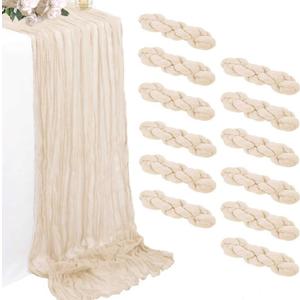 12 Pack Beige Cheesecloth Table Runners 35 x 120 Inch Rustic Boho Gauze Christmas Table Runner for Wedding Arch, Party Decoration, Bridal Shower, Reception, Farmhouse Dining Decor