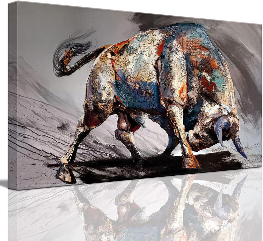 Large Framed Bull Canvas Wall Art Man Room Cave Wall Decor Spanish Bull Modern Inspirational Wall Street Stock Picture Poster Painting Art for Office Living Room Bedroom Ready to Hang (24L" x 36W")