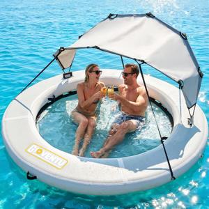 Inflatable Water Hammock for Adults, 8FT Heavy Duty Float Ring with UPF 50+ Canopy & Cooling Mesh Center, Portable Floating Island Lounge for Pool Lake Beach River, Supports 660 LBS