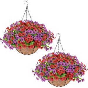 2 Set Artificial Flowers Hanging Plants in Basket,Artificial Hanging Flowers for Outdoor Indoor Decor,UV Resistant hanging Baskets with Fake Flowers for Spring Summer Patio Garden Porch Deck Decor