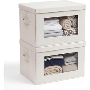 2-Pack Large Storage Bins with Lids & Clear Window, Foldable Fabric Closet Organizer Boxes, Stackable Cube Baskets with Soft Handles for Clothes & Blankets, 17, Beige
