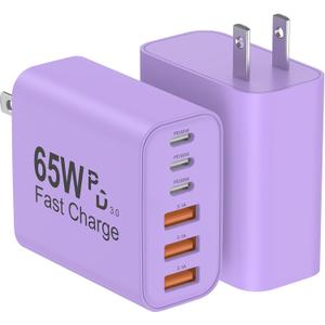 USB C Charger Block, 2-Pack 65W 6-Port USB C Wall Charger iPhone Charger Fast Charging PD Power Adapter+QC Wall Plug Multiport Type C Brick Chargers for iPhone 17 16 15 14 13 12 11 Pro Max XS,Purple