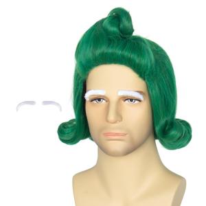 Yan Dream Men Short Wavy Vibrant Green Cosplay Wig with White Eyebrows Man Funny Wigs Halloween Party (Adult)
