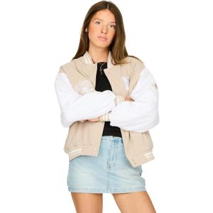 Forever 21 Women's Oversized Corduroy Bomber Jacket – Snap Button Varsity Coat with Front and Back Patches, Ribbed Trim, Contrast Sleeves, Streetwear Style L