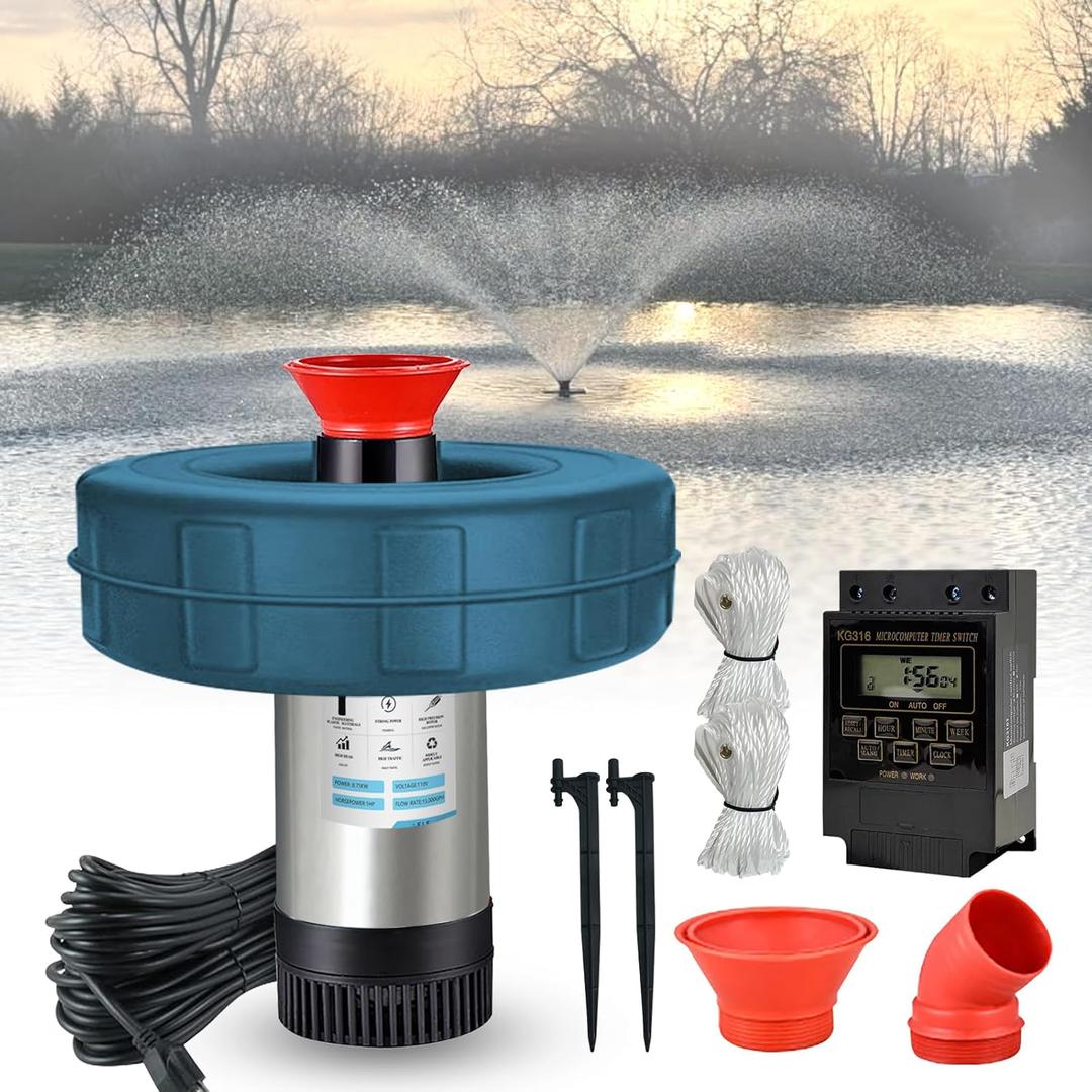 RGB LED Pond Fountain Aerator 750W with Color-Changing Light Show, 1HP 15000 GPH Floating Aerating Pump, 100ft Power Cord, Wireless and Time Control, Perfect for Ponds & Lakes (NO-RGB)