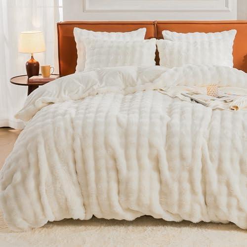 EMME Faux Fur Duvet Cover Queen Size, 3 Pieces Ultra Soft Fluffy Comforter Cover, Cozy Warm for Winter, Luxury Elegant Shaggy Bubble Design Bedding, 1 Duvet Cover & 2 Pillow Shams (Queen, Cream White)
