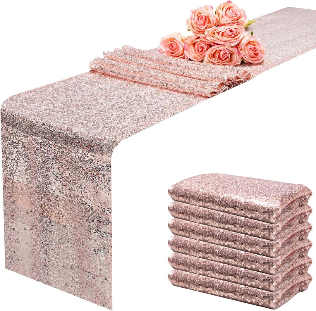 12x108 inch Rose Gold Sequin Table Runner Sparkly Glitter Table Linens 6 Packs for Party Decorations Wedding Birthday Baby Shower Engagement Anniversary