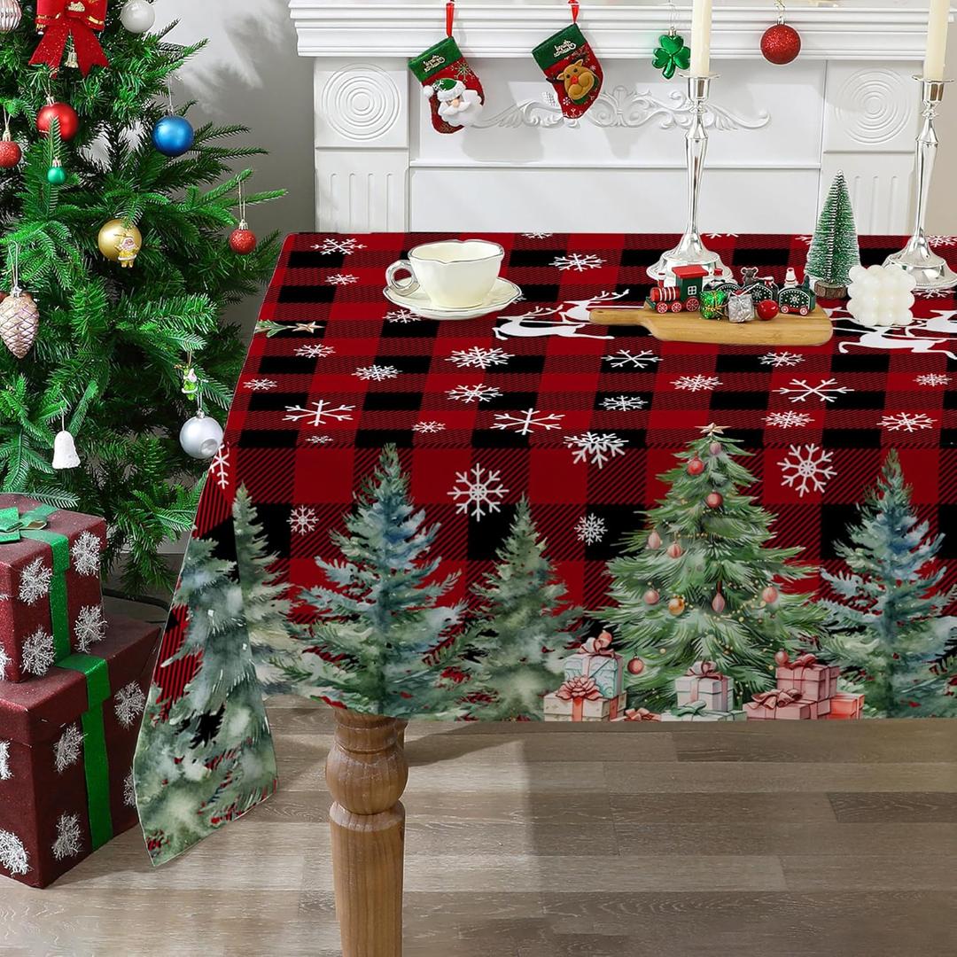 Christmas Tablecloth 52x70 Inches, Holiday Table Cloth for Rectangle Tables - Red Buffalo Plaid Tree Decorations for Home - Water-Resistant Christmas Decor for Party, Kitchen (Red and Black)