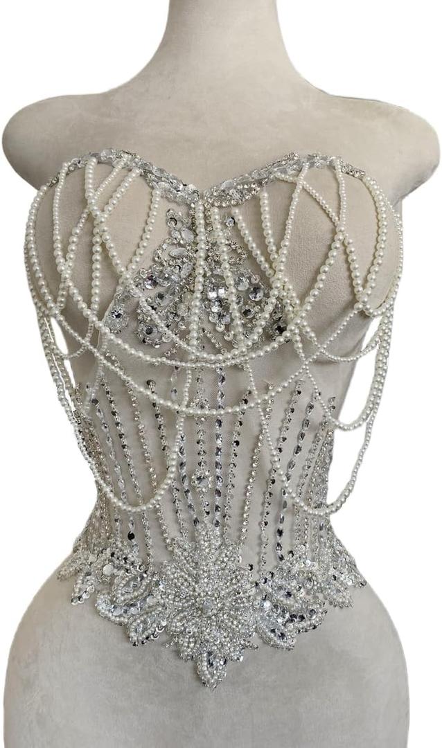 Pure Handmade Rhinestone Fringe Patch Trim Crystal Beaded Applique for Sewing Crafts Wedding Party Decoration Bridal Dress Accessories 15.7X18inches (Silver)