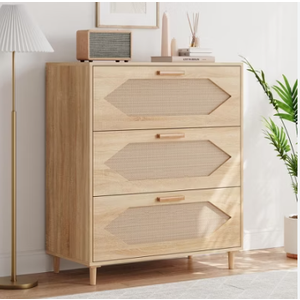 Dressers for Bedroom, 3 Drawer Rattan Dresser with Spacious Storage, Modern Wood Chest of Drawers, Rustic Oak Wooden Nightstand for Bedroom, Living Room, Hallway, Easy Assembly, Closet Organizer, 