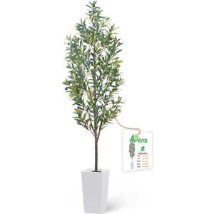 Aveyas 7ft Artificial Olive Tree for Home Decor, 7 Feet Large Faux Plant Fake Skinny Silk Trees with Pot for Indoor Outdoor House Living Room Office (7 ft Tall Including Raised Pot)