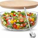 Large Glass Salad Bowl 2.43 Quart Trifle Glass Mixing Bowl with Bamboo Lid and Stainless Steel Spoon for Food Prep, Storage, Baking, Mixing and Cooking
