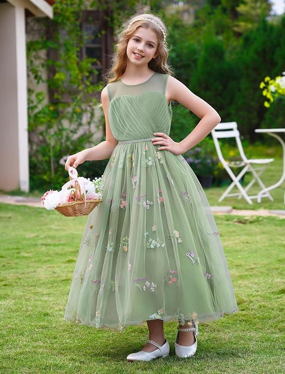 OBEEII Flower Girl Dress for Wedding Floral Embroidery Tulle Princess Dress Junior Bridesmaid Birthday Pageant Dress, 5-6 Y