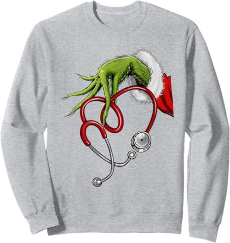 Nurse Christmas Stethoscope Hand Santa Sleeve Humor Sweatshirt, Medium Gray