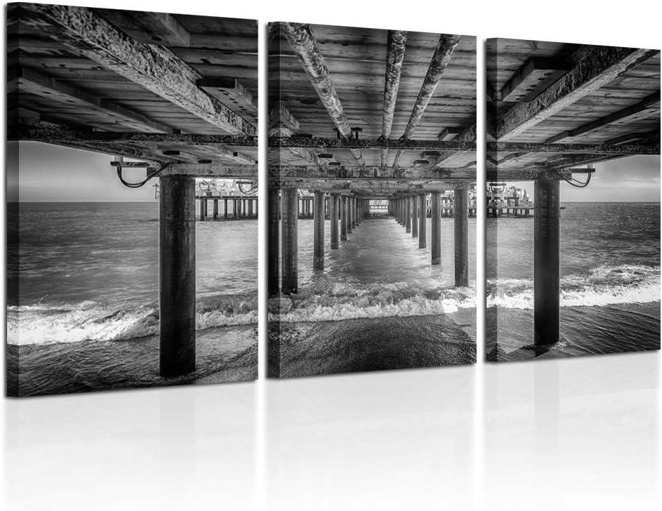 KREATIVE ARTS - UNDER THE PIER Premium Canvas Art Print Black and White Large Seascape Wall Art Deco Canvas Picture Stretched on Wooden Frame as Modern Gallery Artwork, Brige Pier 16x24inchx3pcs