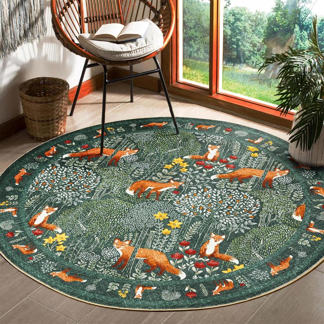 Cute Woodland Forest Kids Rug Boho Floral Round Nursery Rug, Green Aesthetic Bedroom Rug Abstract Tropical 4ft Circle Carpet Washable, Botanical Animals Area Rug for Living Room Entryway Kitchen