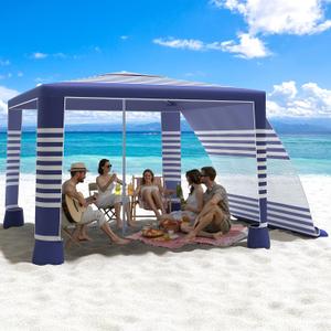 MoKo Beach Cabana, 8'×8' Large Beach Canopy with Side Wall, UPF 50+ Protection Easy Setup Beach Tent Sun Shelter, Adjustable Height Wind Resistant Cabana Beach Tent for Whole Family, Navy Stripes