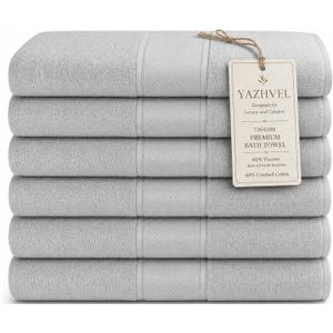 Terry Bath Towel 30 x 60 in – 60% Viscose Derived from Bamboo 40% Cotton – Pack of 6 – Grey - 730 GSM Plush & Soft Feel - Oeko-TEX Certified - Spa-Luxe Drying Comfort - Hotel-Style