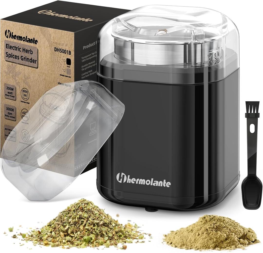 Herb Grinder Spice Grinder, 200 w Herb Grinder with Stainless Steel Blade and Cleaning Brush, Compact Size Electric Grinder for Herbs and Spices -5.11in (Black)