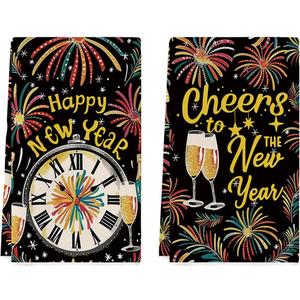 Artoid Mode Black Clock Fireworks Champagne Happy New Year Kitchen Towels Dish Towels, 18x26 Inch Farmhouse Holiday Decoration Cleaning Set Of 2