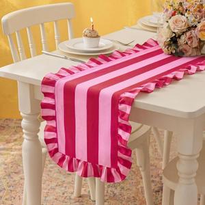 HunnmingRe Ruffle Edge Striped Table Runner 118 x 15.7 Inch Scalloped Table Cover Farmhouse Linen-Cotton Blend Fabric Tabletop Decor for Home Kitchen Dinner Wedding Bridal Shower Party