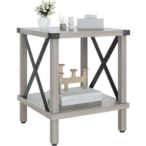 MMEOLUOOK Large End Table Farmhouse Side Table Industrial Style Sofa Table Metal X Accent Wood Coffee Table NightStand with Storage Shelf for Living Room Bedroom Oak Grey MLBZ16Z