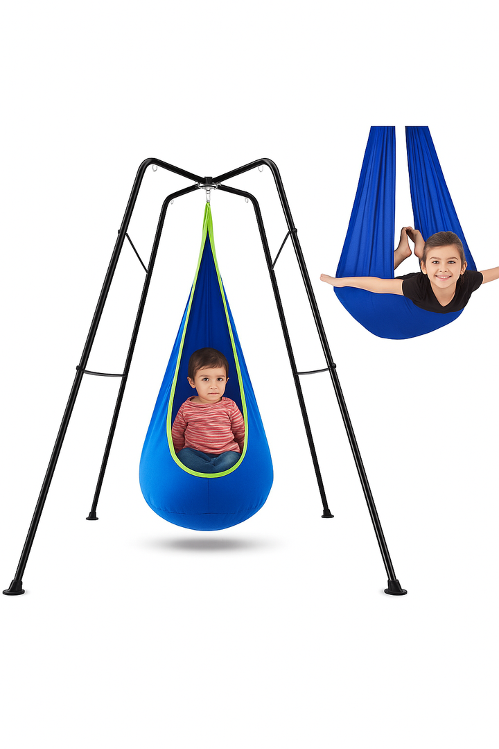 Swing Stand Frame with Sensory Pod Chair and Swings Set Kid Heavy-Duty Metal Swing Frame Hammock Chair Stand Tree Saucer Sensory Round for Kids Adult Indoor Outdoor Backyard Park(Blue)