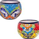Evergreen 7 inch Talavera Mexican Pottery Ceramic Green Detailed Baul, Set of 2, Flower Pot Plant Succulent, Indoor Outdoor