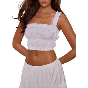 SOLY HUX Women's Summer Ruched Tank Tops Frill Square Neck Sleeveless Vacation Going Out Crop Top (White, L)